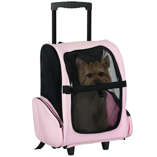 PawHut Trasportino Zaino 2 in 1 per Cani e Gatti con Tasche Laterali, Maniglia Telescopica e Ruote, 42x25x55cm, Rosa