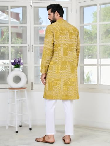 Image of See Designs Men's Full Sleeve Mandarin Collar Floral Embroidered Mandarin Collar Thread Work Straight Long Kurta with Pyjama - Festive Collection