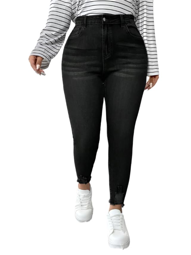 Plus Size Women's Skinny Fit Denim Jeans - Solid Color with Cat Whisker Design, High Stretch Fabric, and Casual Style4