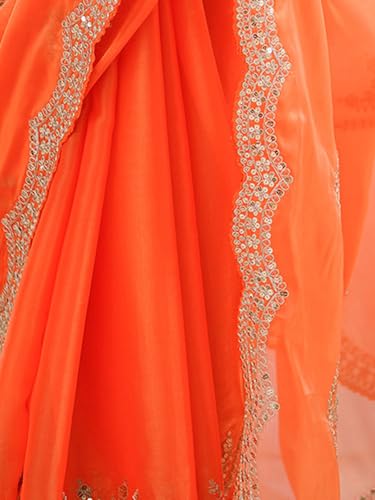Image of Satrani Women's Tissue Silk Sequin Embroidery Scalloped Border Saree with Unstitched Blouse Piece