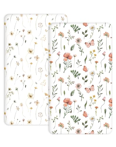Image of Pack and Play Sheets 2 Pack, Fitted Jersey Knit Mini Crib Sheets for Baby Boys and Girls, Compatible with Graco Pack N Play and Mini Crib Mattress (Butterfly Garden, Pack N Play/Mini Crib Sheets)