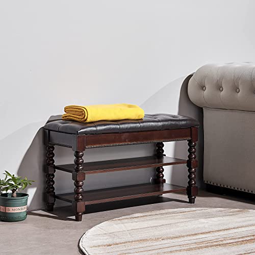 ZIRKOOON Storage Bench, Entryway Shoe Rack wih Leather Seat 2 Tier Lift Top Organizer Wooden Bench for Foyer Bedroom Living Room Accent Furniture (31.5x13.8x18.9'')