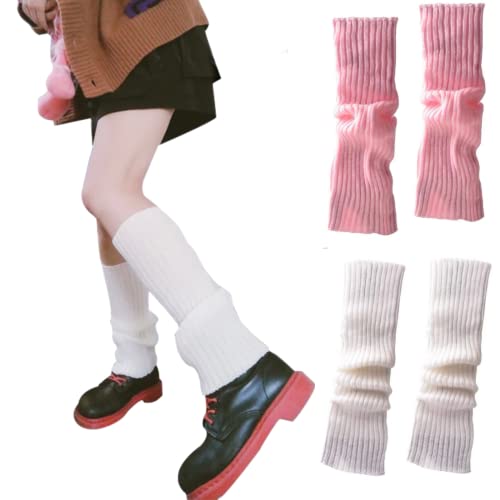CHENGZI 2 Paar Beinstulpen, gerippte Strick-Beinwärmer, Custume Party, Sport, Yoga, Beinstulpen für Frauen und Mädchen, WH+PK, One size