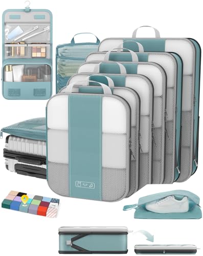Image of OlarHike 10 Set Compression Packing Cubes for Travel Essentials,Compressible Expandable Space Saver Bags for Organizing Clothes,Luggage Suitcase Garment Bags with Over 1000 pcs Mesh Holes(Blue Gray)