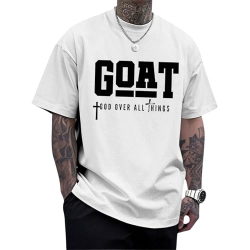 Christian Tshirts Men Goat God Over All Things Graphic Casual Tees Religion Faith Jesus Loose Crew Neck Clothes White X-Large