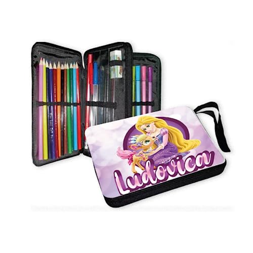 Astuccio per Scuola PRINCIPESSA Asilo Elementare Media completo con 2 3 zip scomparti Personalizzabile con testo Nome con colori matite righelli bambino bambina