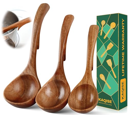 KAQISE Wooden Ladle for Soup,Natural Solid Teak Wood Soup Ladle with Back Hooks, Heat Resistant Wooden Spoons for Cooking, Non-Stick Kitchen Wood Utensils Set for Serving,Stirring (3 Sizes:L/M/S)
