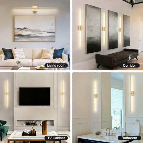 Image of Battery Operated Wall Sconce, 3000K-6000K Dimmable Gold Wall Lights with Remote Control, Timable LED Wireless Wall Sconces, 350 Ratate for Bathroom, Living Room, Hallway 39.4 Inch 1 Pack