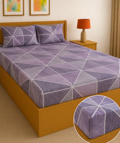 Image of Fitted Sheet Vine Geometric Print Fitted Bedsheet | Glace Cotton 140 TC | Single Size (36x75 inch) with 2 Pillow Covers (18x28 inch) | Deep Pocket up to 10 Inches - Soft & Comfortable