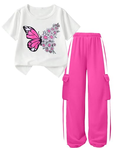 Image of Girls 2 Piece Outfit, Graphic Short Sleeve T-Shirt and Cargo Jogger Sweatpants Set, Ages 4-13
