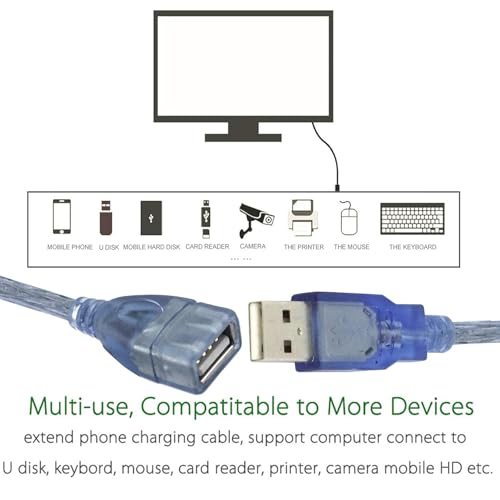 Image of NISHTECH 35cm Premium USB Extender Cable Male to Female USB A Male to USB A Female 2.0 Data Transfer and Charging Adapter for TV, PC, Laptop, PlayStation, Xbox, Flash Drive,etc (Transparent Blue)