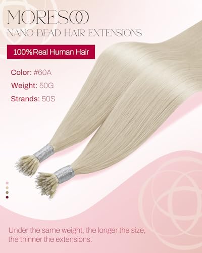 Image of Moresoo Nano Hair Extensions Human Hair, White Blonde, 16 Inch | 50g 50 Strands, Nano Bead Extensions, Low Visibility Attachment, Comfortable Wear for Everyday Blonde Hair Styling