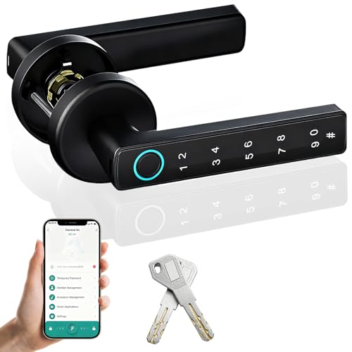 Smart Door Lock, Front Door Fingerprint Door Locks, Digital Door Handle Lock with Voice Broadcast, APP Unlocking, Two Keys, Suitable for Bedroom, Office, Hotel