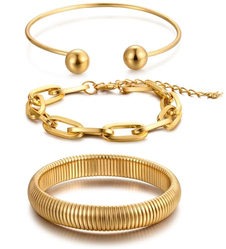 Image of Chunky Gold Bangle Bracelets for Women, Dainty 14k Gold Plated Big Stackable Bangles Set, Trendy Statement Cuff Bracelet Stack Fashion Jewelry Gifts