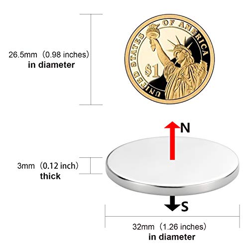 Mikede Neodymium Rare Earth Disc Magnets , Strong Permanent Magnets With Double Sided Adhesive Ideal For Fridge, Diy, Building, Scientific, Craft, Etc, 1.26 Inch D X 1/8 Inch H - 6 Packs #TOP6