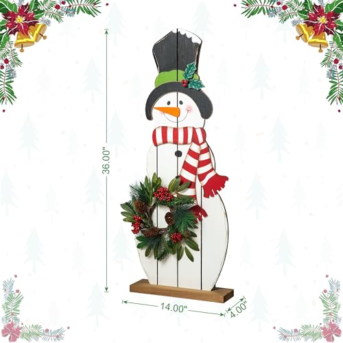 Image of Glitzhome 36 inch H Wood Metal Christmas Snowman Porch Decor with Floral Wreath Standing Snowman Merry Christmas Porch Welcome Sign Holiday Party Outdoor Indoor Xmas Decorations