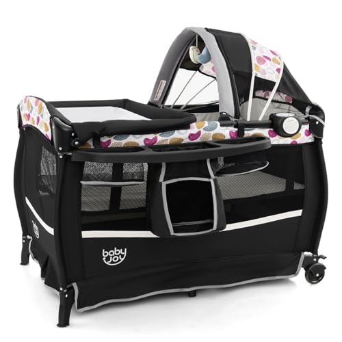 Image of BABY JOY 4 in 1 Pack and Play, Portable Baby Playard with Bassinet & Flip-Away Changing Table, Canopy, Portable Bedside Crib with Storage Basket, Infant Bassinet from Newborn to Toddlers (Circle)