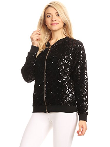 Anna-Kaci Womens Sequin Long Sleeve Front Zip Jacket With Ribbed Cuffs Bomber for Party3
