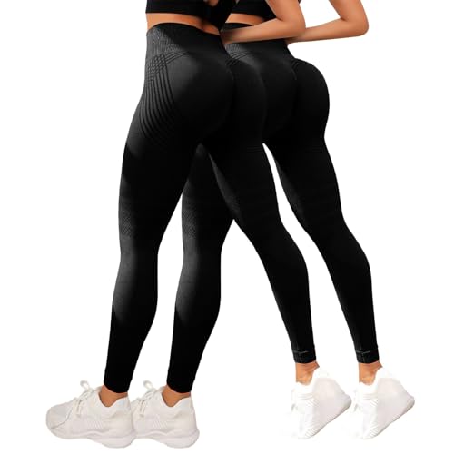2 Stück Leonie & Co 3D-Leggings, Anti-Cellulite, Damen, Kompressions-Leggings, Schlankheits-Hosen, hohe Taille, nahtlos, Yoga, Workout & Fitness, Push-Up, formschön, ohne Nähte