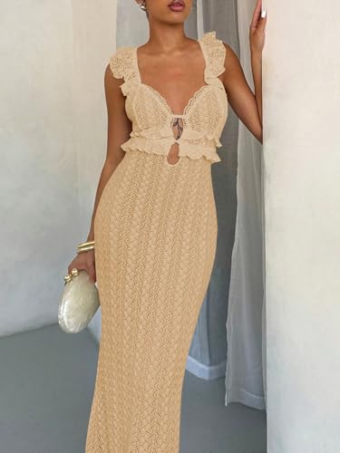Image of SOLY HUX Women's Maxi Dress Crochet Ruffle Sleeveless Backless Bodycon Long Dresses
