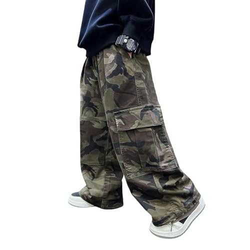 Kids Combat Camo Cargo Trousers Boys Camouflage Elasticated Waist Winter Military Pants Boys Stretchy Comfy Casual Streetwear Running Sports Bottoms Age 4-16 Years (11-12 Years, Green)
