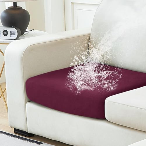NAISI Waterproof Couch Cushion Covers Thick Velvet Fabric Washable Sofa Slipcovers 1 Piece Individual Sectional Couch Covers with Elastic Bottom(1 PC for Seat Cushion or Backrest,Burgundy)