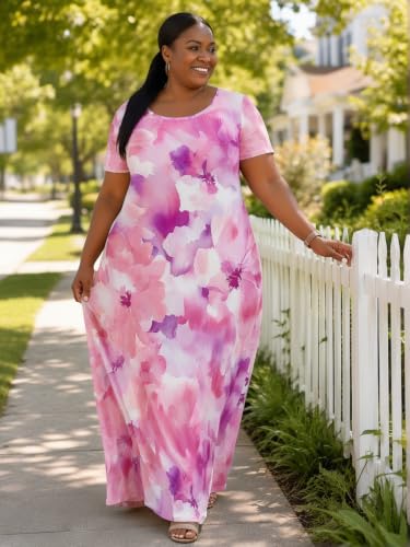 Image of PinkPatty Plus Size Dress for Women Casual Crew Neck Short Sleeve Maxi Dress Oversized Summer Beach Dresses with Pockets