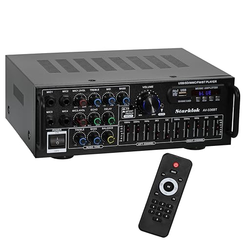 2000W 2.0 Channel Stereo Amplifier, Home Audio Receiver with Multiple Input Modes, EQ Mixer, Mic Input & Remote Control for Home Theater, Car Audio, Karaoke, Party & Outdoor Camping