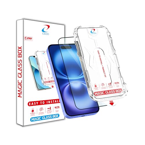Image of CEDO Magic Box Tempered Glass for iPhone 16 | Dust & Bublle Free Installation Screen Protector with auto Alignment Tool | HD Clear Quality Tempered Glass with Easy Installation Kit (Black)
