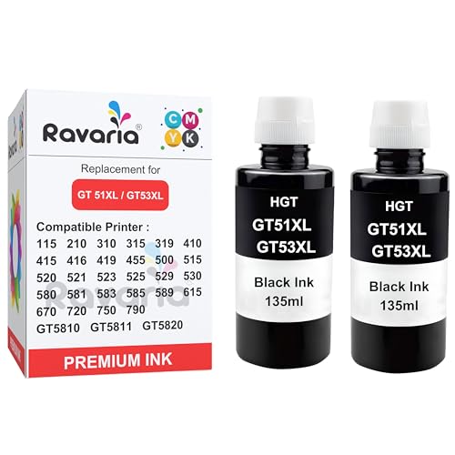 Image of Refill Ink for HP GT51XL /53XL GT 52 for HP Ink Tank 115, 310, 315, 319, 410, 415, 416, 419, 455, 500, 515, 530, 615, 750, 790, 670, GT5810, GT5811, GT5820 (GT51XL Black 2 Pcs)