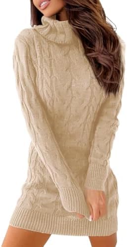 Ebifin Strickkleid Damen Rollkragen Strickpullover Elegant Jumper Kleid Pullikleid Winterkleid Stretch Sweater Dress.Aprikose.M