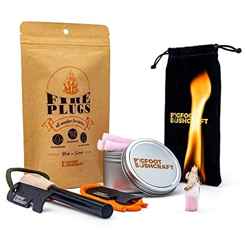 Bigfoot Bushcraft Complete Emergency Fire Starter Kit - Waterproof, Windproof, 5+ Minute Burn - Includes 80 Fire Plugs, Compact Travel Tin, and Extra Thick Ferro Rod Set Cover
