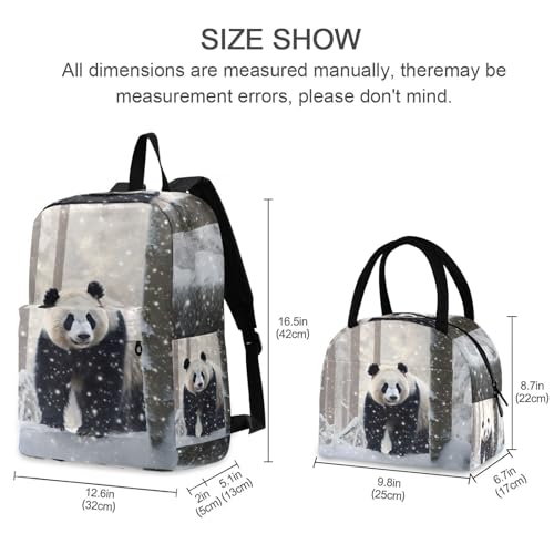 Backpack Lunch Box Set Large Capacity Travel Backpacks and Insulated Lunch Bag for Commute Hiking Picnic Panda Snow Print2
