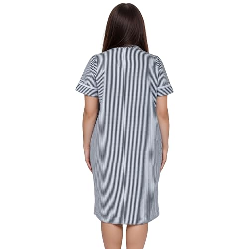 Image of Women's Short Sleeve Woven Snap-Front Closure Striped Embroidery Housecoat Duster Nightgown with Front Pockets