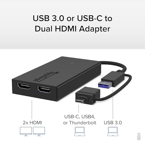 Plugable Dual Monitor Adapter for M1/M2/M3/M4 macOS Systems, Windows, ChromeOS. Broad Compatibility - Thunderbolt, USB-C, USB 3.0 to HDMI Adapter for Dual Monitors 1920x1080 @60Hz, SMI Driver Required