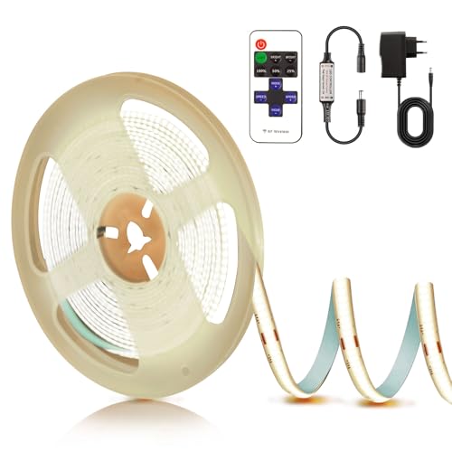 PSTAR Tira LED COB de 2M, 4000K flexible Luces LED 8mm de ancho, Con Fuente De AlimentacióN Y Control Remoto, 320LEDs/m recortable autoadhesiva strip light, para dormitorio, cocina, iluminación DIY