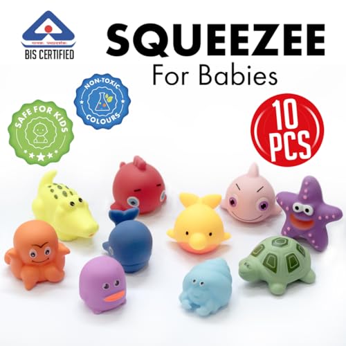 Image of Amazon Brand - Jam & Honey Baby Bath Toy Set of 10 for Toddlers I Colorful Combo of Sea Creatures I Floating Bath Chuchu Toys (Multicolor)