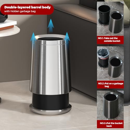 Image of 10L /2.6GAL Silver Stainless Stell Trash Can,Brushed Nickel Bathroom Trash Can,Open Top Garbage Can for Bathroom,Bedroom,Hotel,Kitchen,RV
