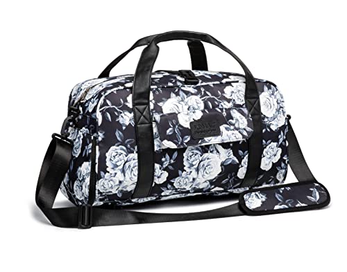 Kinmac Travel Duffel Bag For Women,Sports Gym Yoga Duffel Bag Weekender Overnight Totes Bag with Shoes and Wet Compartment (White Rose)