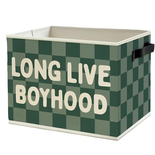 Image of Long Live Boyhood Boys Storage Bins Box with Handles, Green Checkered Pattern Collapsible Basket Organizer for Kids Boy Nursery Room Bedroom Bathroom Playroom Books Clothes