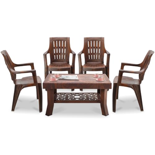 Image of MAHARAJA Classic Plastic Table & Chair Set | Elegant Design, Sturdy Build | Perfect for Home, Office & Garden Use (Teakwood, 4 Chair+1 Table)
