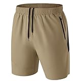 HMIYA Herren Sport Shorts Kurze Hose Schnell Trocknend Sporthose Leicht mit Reißverschlusstasche(Khaki,EU-L/US-M)