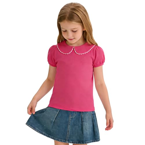 Image of 12M-14Y Toddler Baby Girls Peter Pan Collar Blouse Kids Girl Solid Color Puff Sleeve T-Shirts Casual Tee Tops