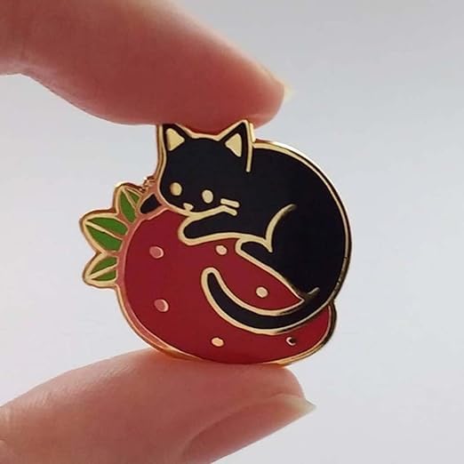 Image of 1 Pc Lovely Enamel Brooch Pins, Cartoon Cat Strawberry Pins, Badges Lapel Pin for Women Girl Backpacks Clothing Bags Jackets Jewelry