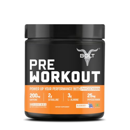 Bolt Pre Workout Supplement | 300 grams,30 Servings |With Caffeine Powder, Citrulline Malate, B-Alanine, Taurine For Explosive Energy, Pump & Focus | Blue Berry Blast