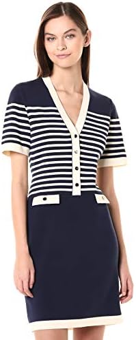 Anne Klein Women's  V-Neck Stripe Sheath Sweater Dress   , Eclipse/Anne White, L