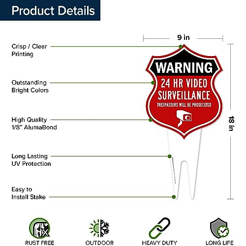 Image of Warning, 24 Hr Video Surveillance Sign, 9x17, Heavy Duty Integrated Ground Stakes, Indoor /Outdoor Use, Rust Free Aluminum Composite, Made in USA by My Sign center