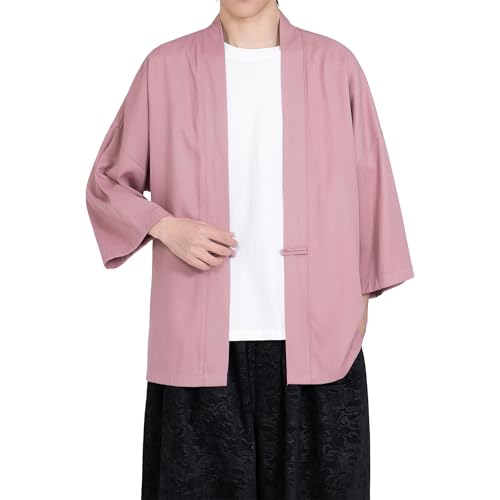 Image of PRIJOUHE Men's Kimono Jackets Cardigan Casual Cotton Blends Linen Seven Sleeve Open Front Embroidery Coat