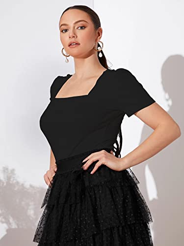 Image of Shasmi Women Polycotton Regular Fit Solid Knitted Square Neck T-Shirts Short Puff Sleeve Tops (TOP 52)