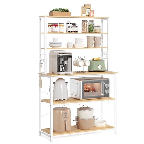 VASAGLE Kitchen Storage Rack, Coffee Bar, Baker’s Rack, Total 6 Shelves and 6 Hooks, for Microwave, Steel Frame, Industrial, 40 x 100 x 167 cm, Oak Colour and White KKS039Y09